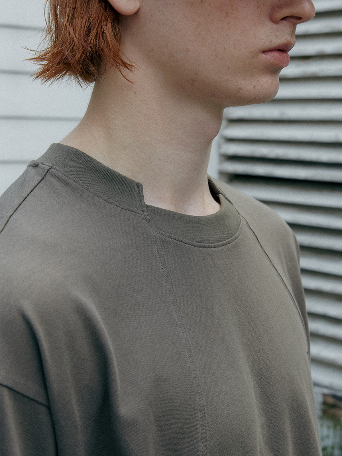 SOD Online Store Deconstructed Panel Cotton T Shirt in Olive - On Male Model