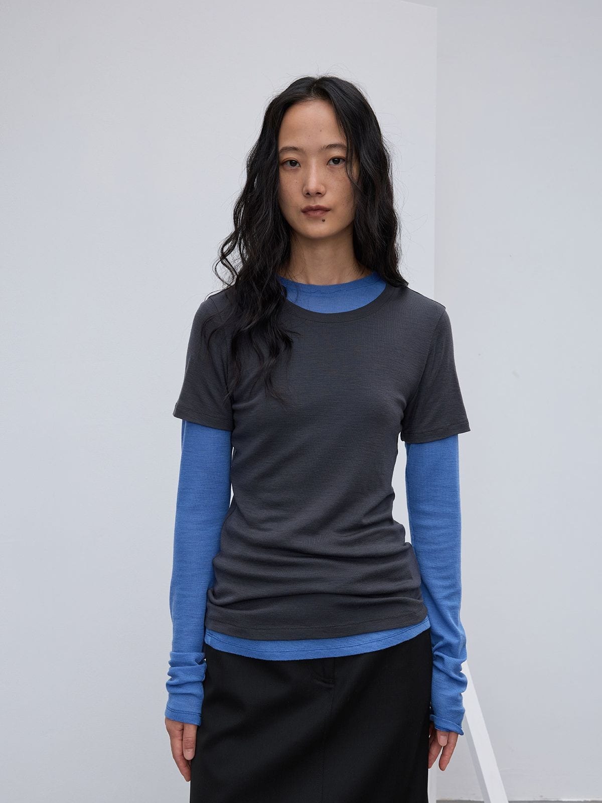 Random Piece Merino Wool U Neck Short Sleeve T Shirt in Gray - On Female Model