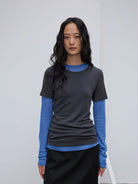Random Piece Merino Wool U Neck Short Sleeve T Shirt in Gray - On Female Model