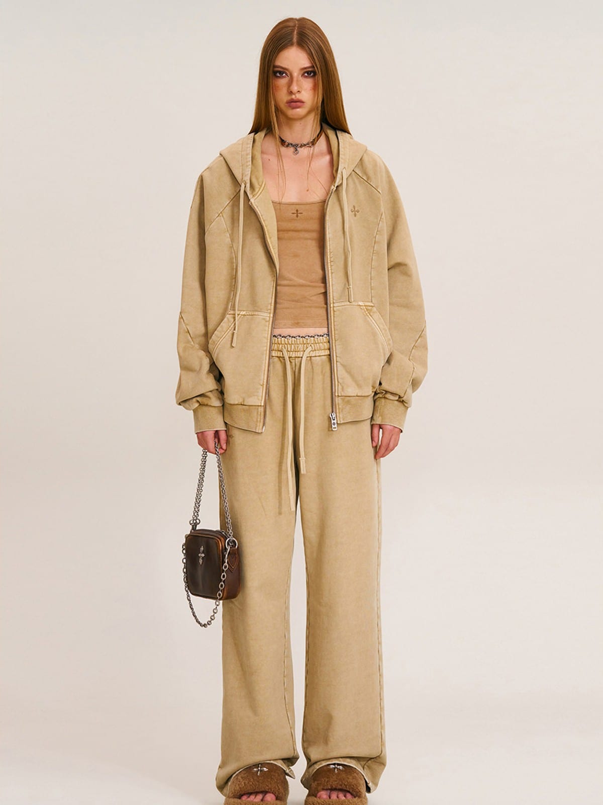 SMFK Distressed Washed Cotton Zip Up Hoodie in Beige - On Female Model