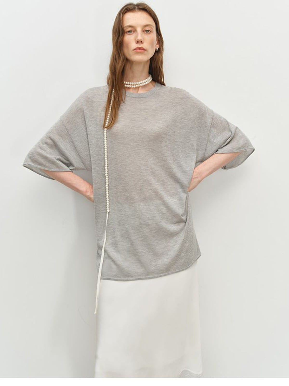 MSBEAST Sheer Lyocell Cashmere Half Sleeve T Shirt in Gray - On Female Model