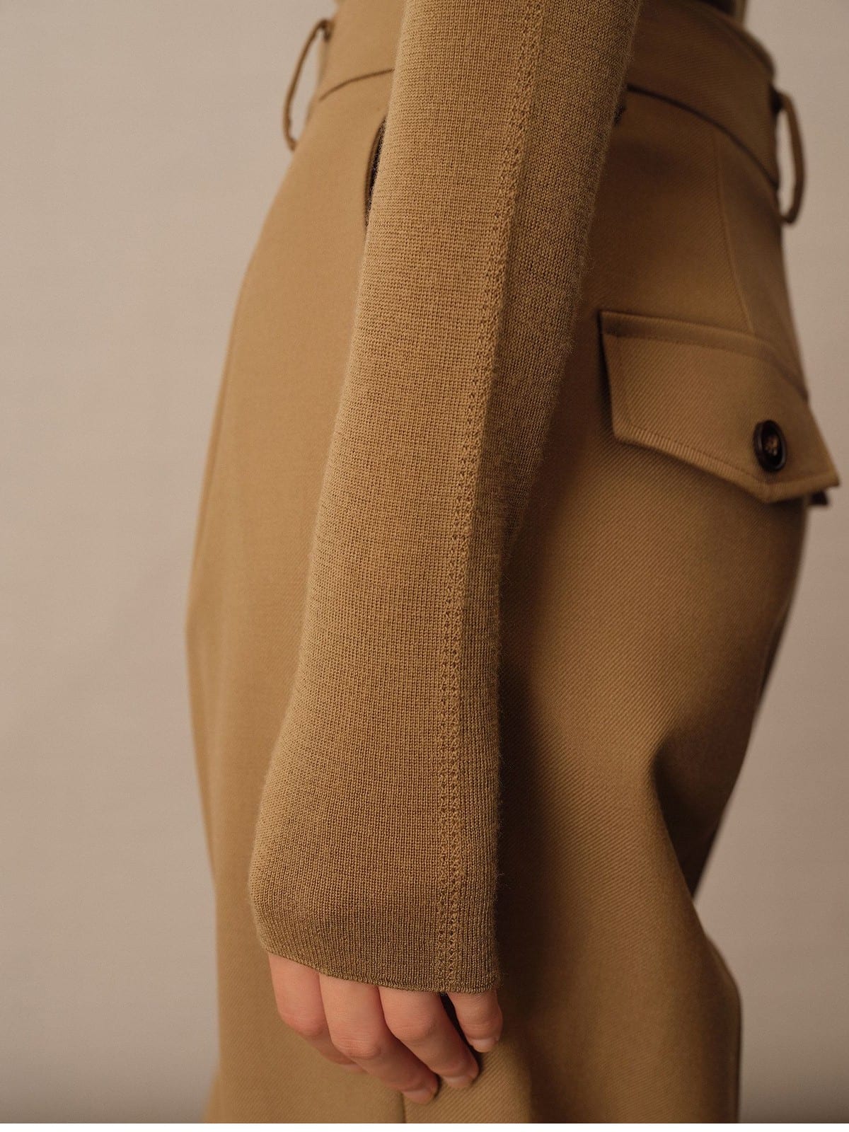 TEASEL Worsted Merino Wool Midi Skirt in Brown - On Female Model