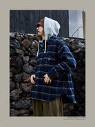 USAGE Detachable Hood Cotton Plaid Shirt in Navy Blue - On Male Model