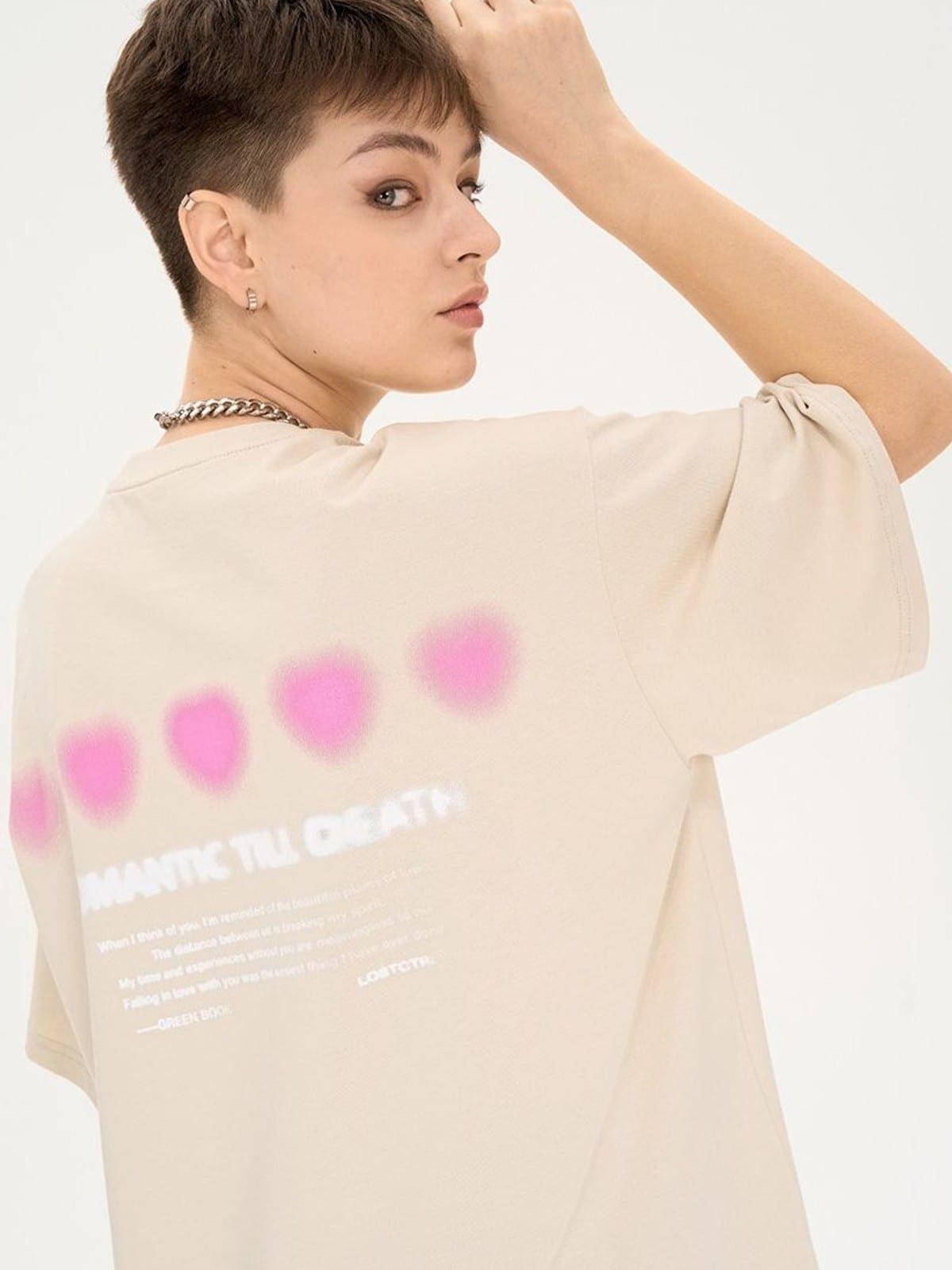 LOSTCTRL Blurred Heart Graphic Cotton T Shirt in Beige - On Female Model