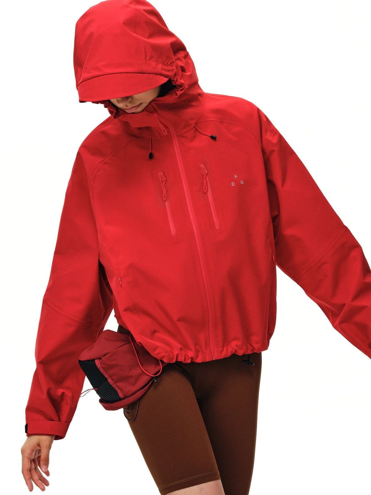 FPA Waterproof Cropped Hooded Jacket in Red - On Model