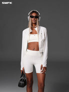 SMFK Cropped Stretch Nylon Track Jacket in White - On Female Model