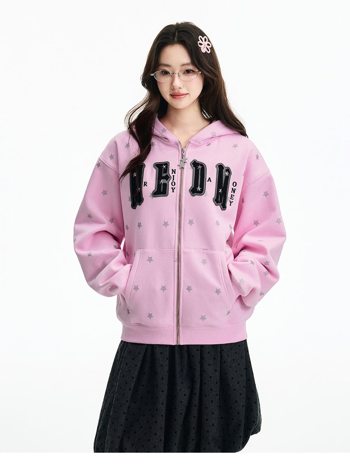 MEDM Fleece Lined Star Print Zip Hoodie in Pink - On Female Model