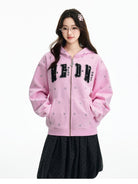 MEDM Fleece Lined Star Print Zip Hoodie in Pink - On Female Model