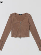 SMFK Ribbed Zip Up Cropped Cardigan in Brown