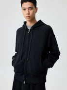 SIMPLE PROJECT Cotton Blend Zip Up Hoodie in Navy Blue - On Male Model