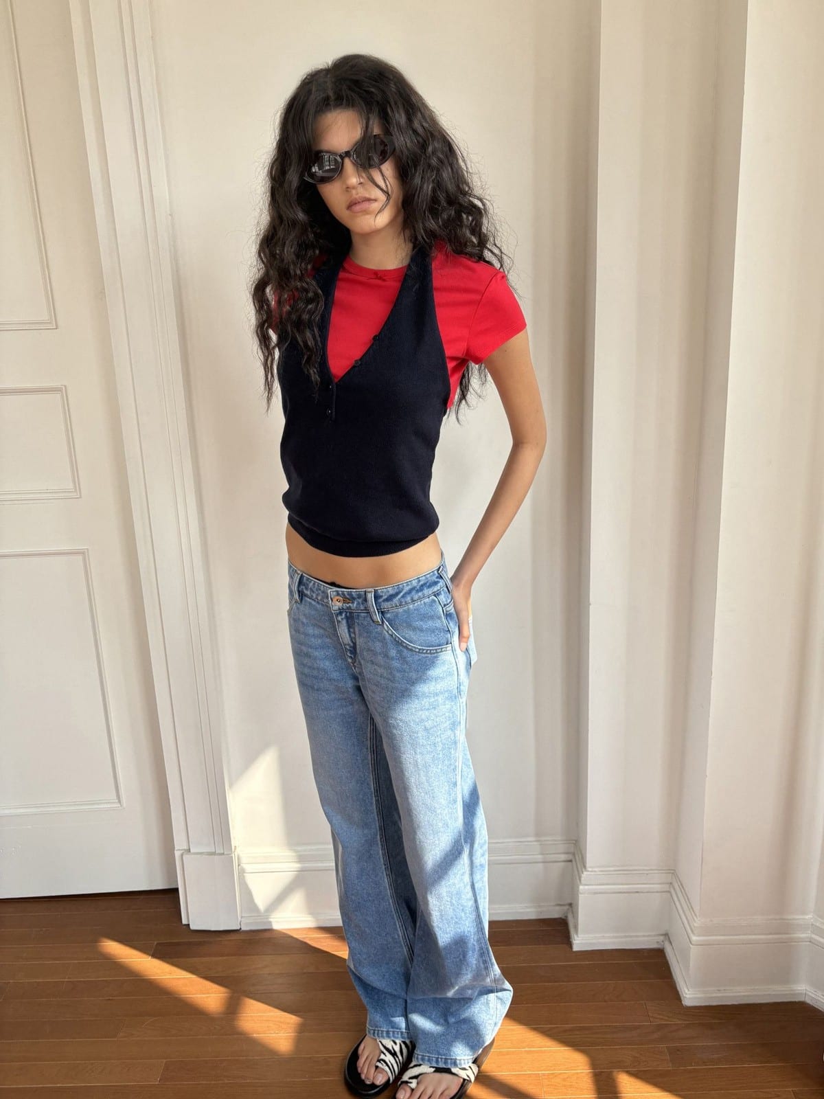 RARELY ALIKE Cotton Bowknot Crewneck T Shirt in Red - On Female Model