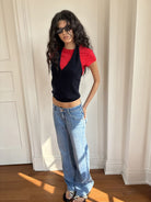 RARELY ALIKE Cotton Bowknot Crewneck T Shirt in Red - On Female Model