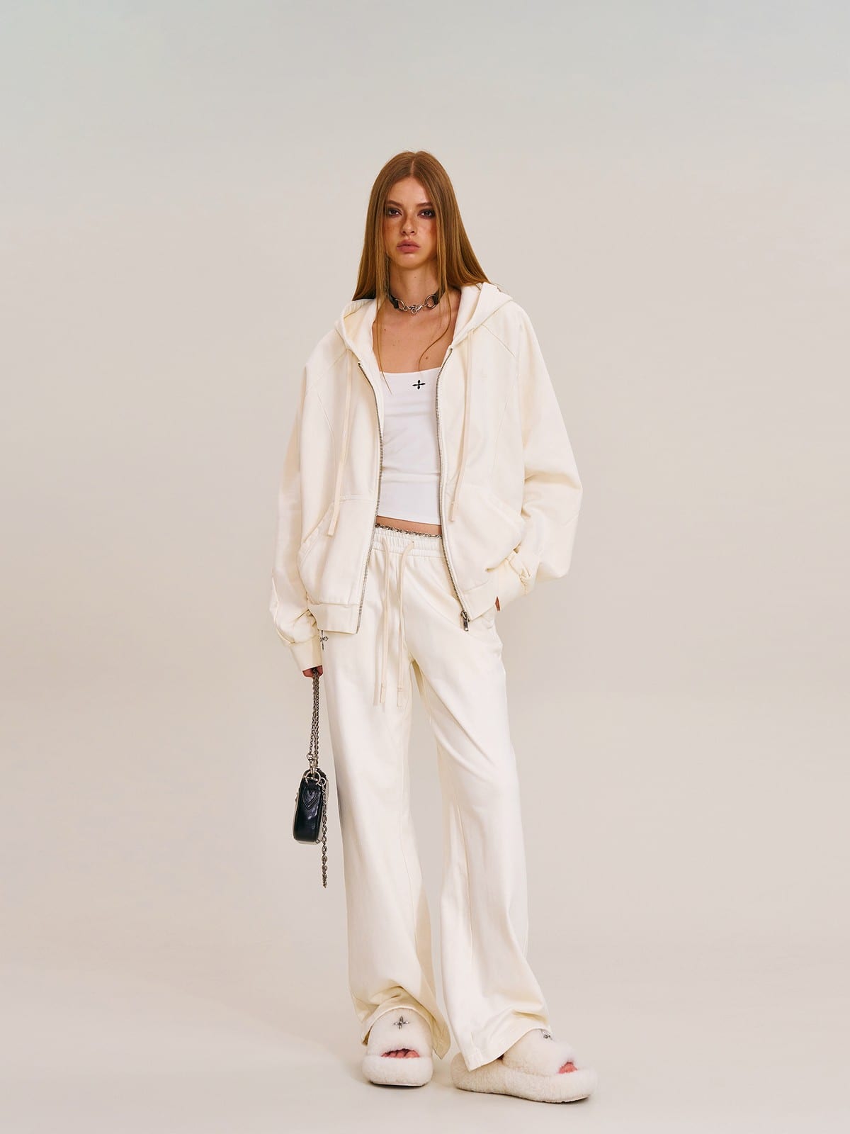 SMFK Washed Cotton Zip Up Hoodie in White - On Female Model