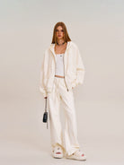 SMFK Washed Cotton Zip Up Hoodie in White - On Female Model