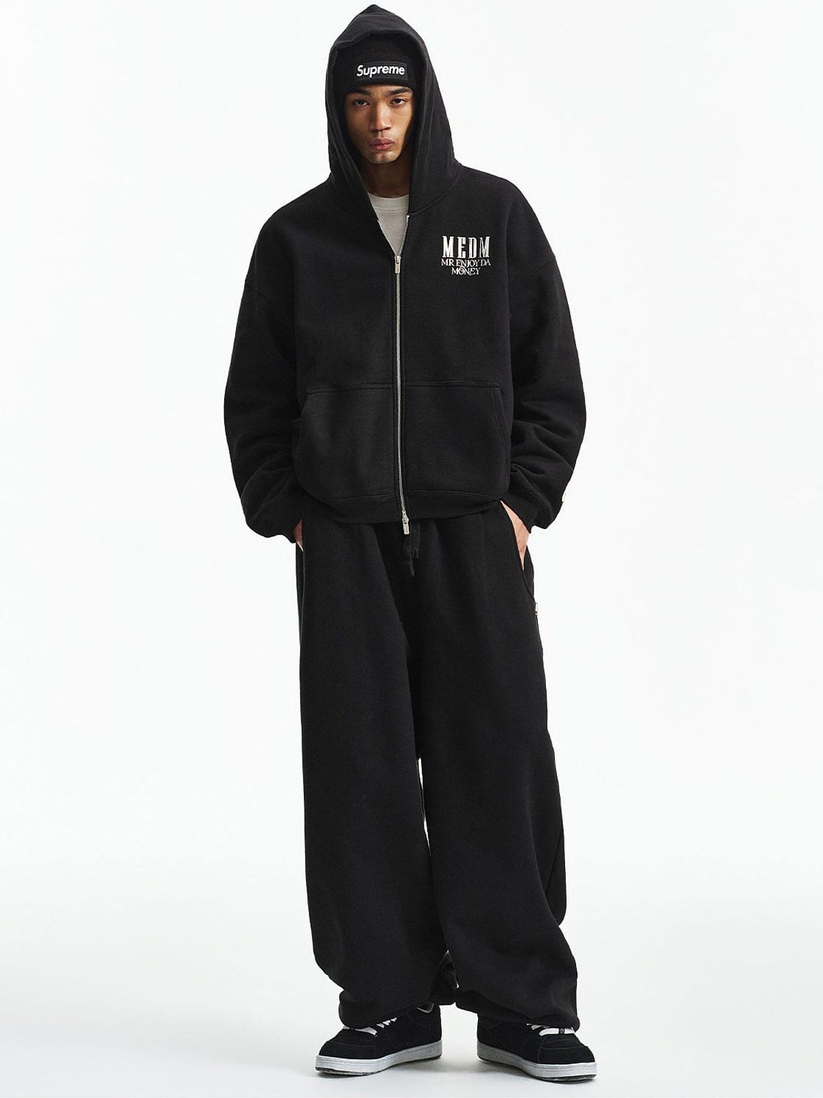 MEDM 3D Logo Two Way Zip Cotton Hoodie in Black - On Male Model