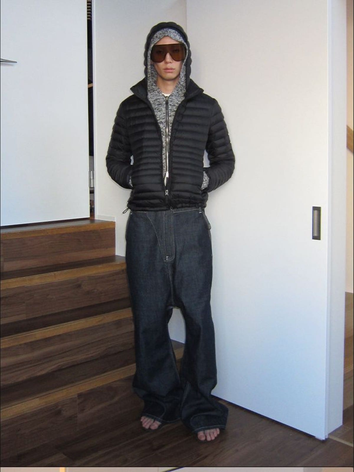 RARELY ALIKE Detachable Hood Duck Down Puffer in Black - On Male Model