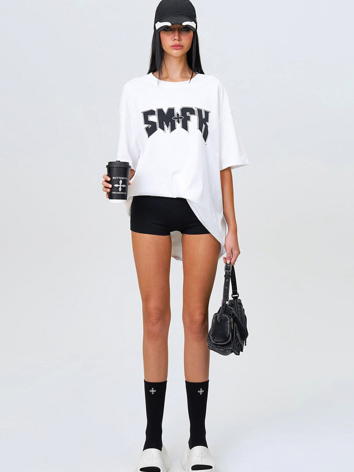 SMFK Metallic Logo Cotton T Shirt in White - On Female Model