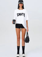 SMFK Metallic Logo Cotton T Shirt in White - On Female Model