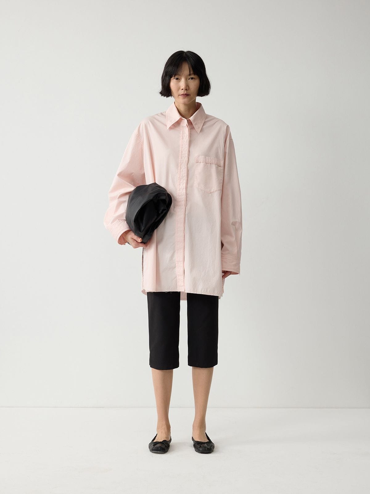 Random Piece Oversized Cotton Button Down Shirt in Pink - On Female Model