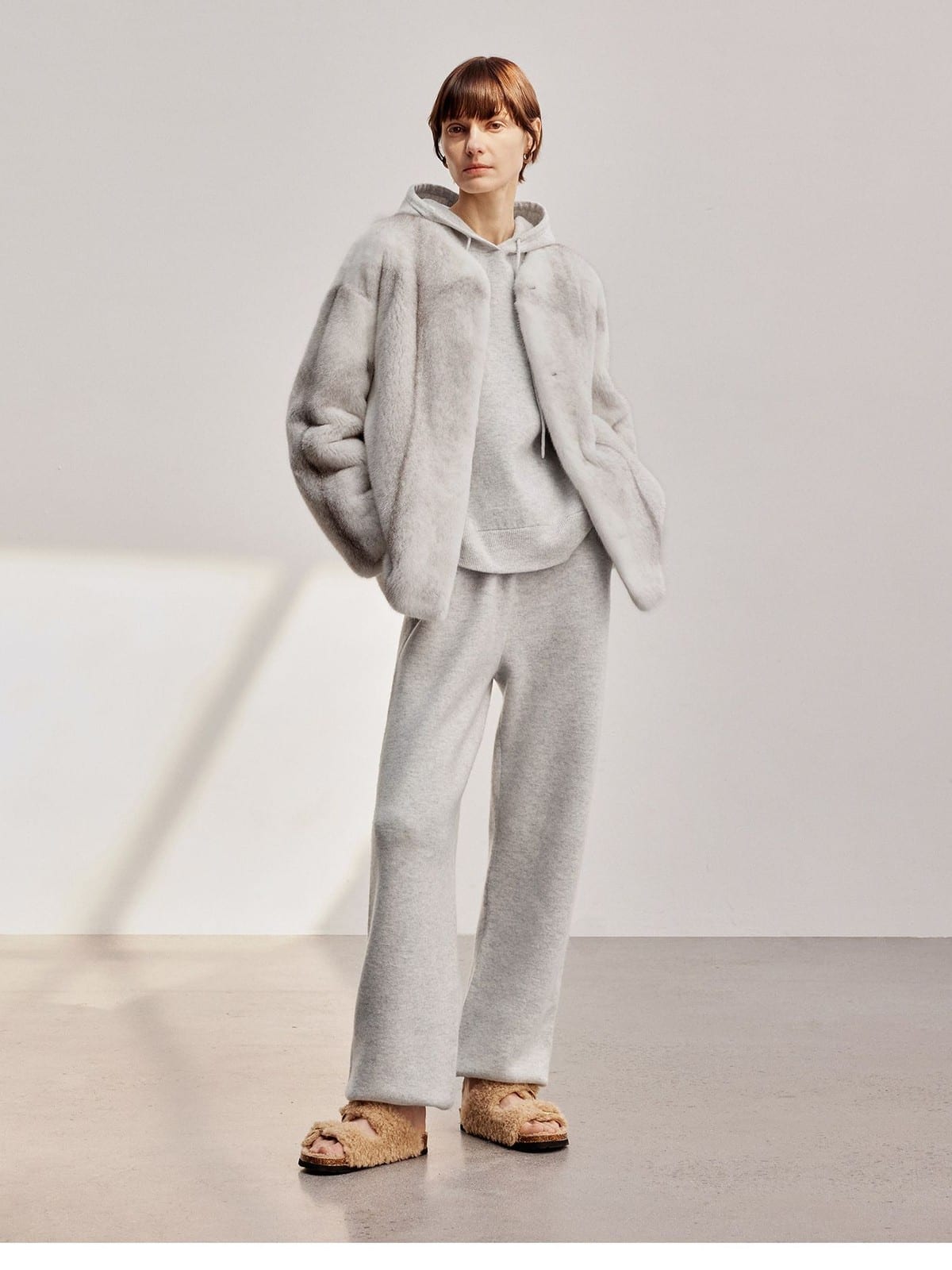 MSBEAST Merino Wool Hoodie Jogger Set in Gray - On Female Model