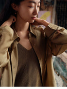 TEASEL Silk Blend Sheer Resort Shirt in Olive - On Female Model