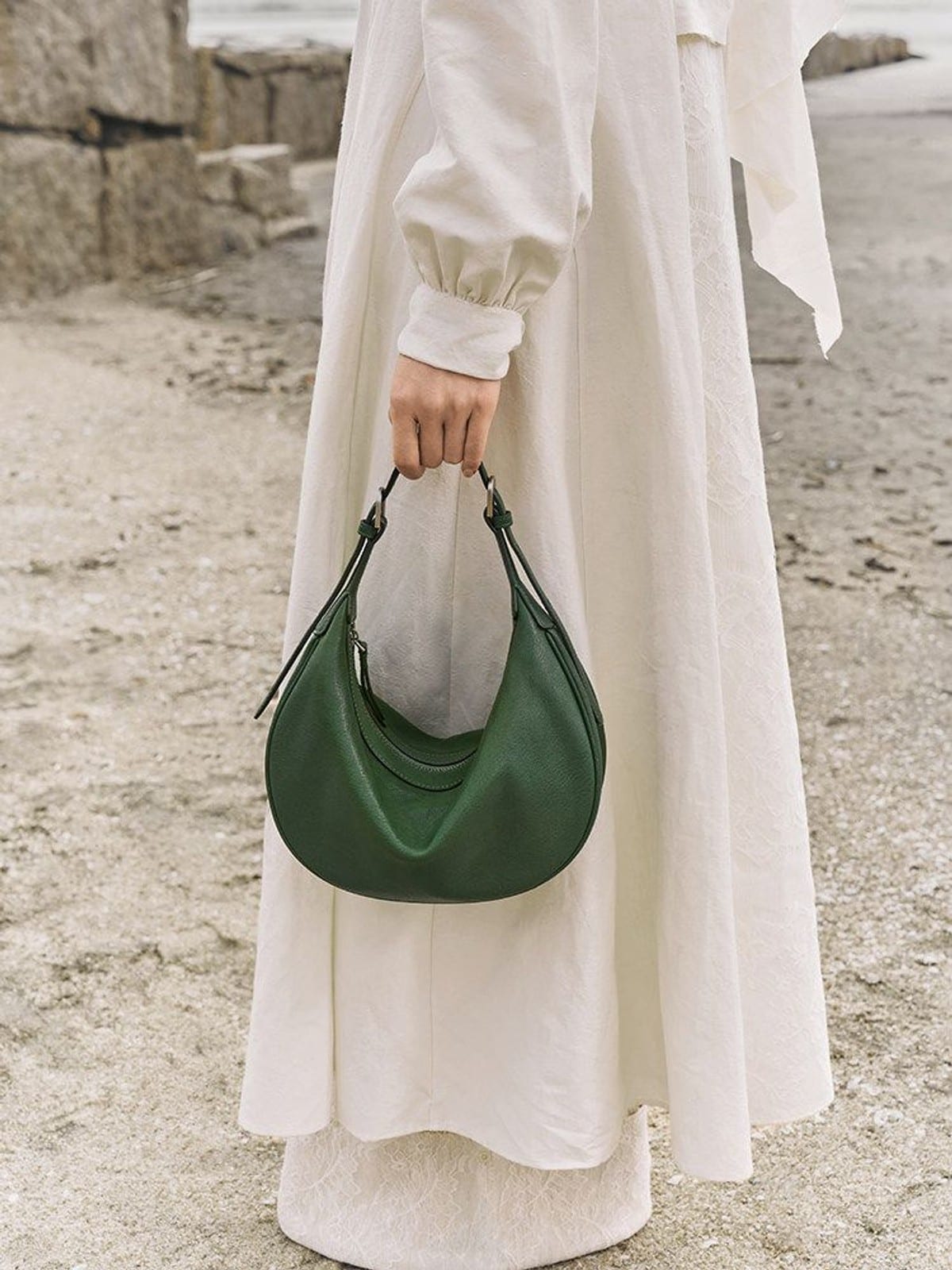 QIUZHEN Vegetable Tanned Leather Crescent Bag in Green - On Model