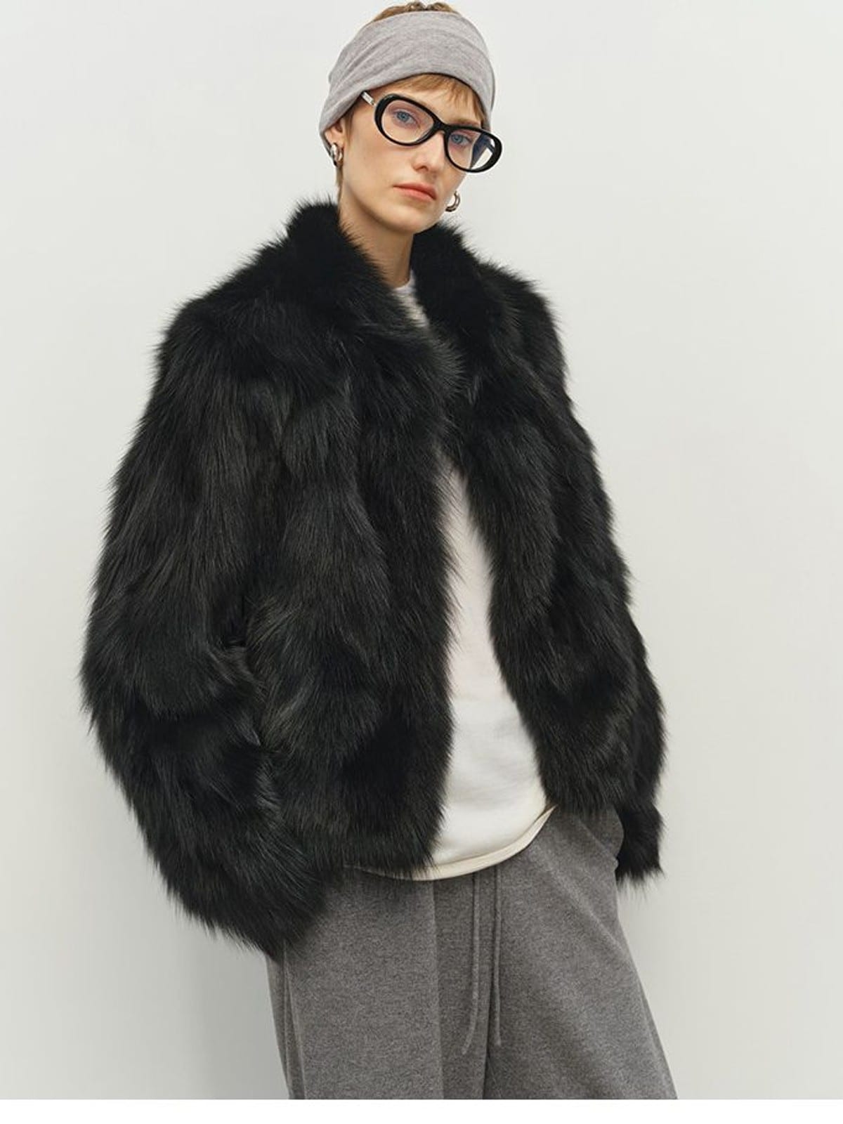 MSBEAST Stand Collar Fox Fur Jacket in Black - On Female Model