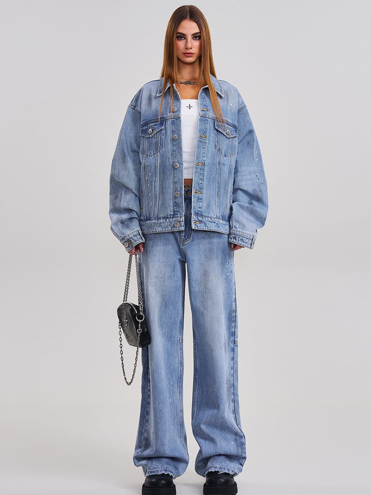 SMFK Washed Wide Leg Denim Jeans in Sky Blue - On Female Model