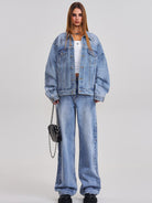 SMFK Washed Wide Leg Denim Jeans in Sky Blue - On Female Model