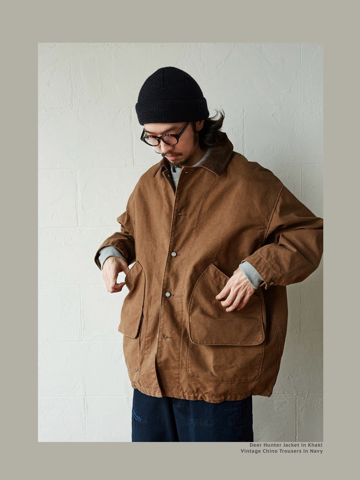 USAGE Heavyweight Canvas Hunting Jacket in Beige - On Male Model