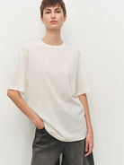 MSBEAST Oversized Lyocell Wool Blend T Shirt in White - On Female Model