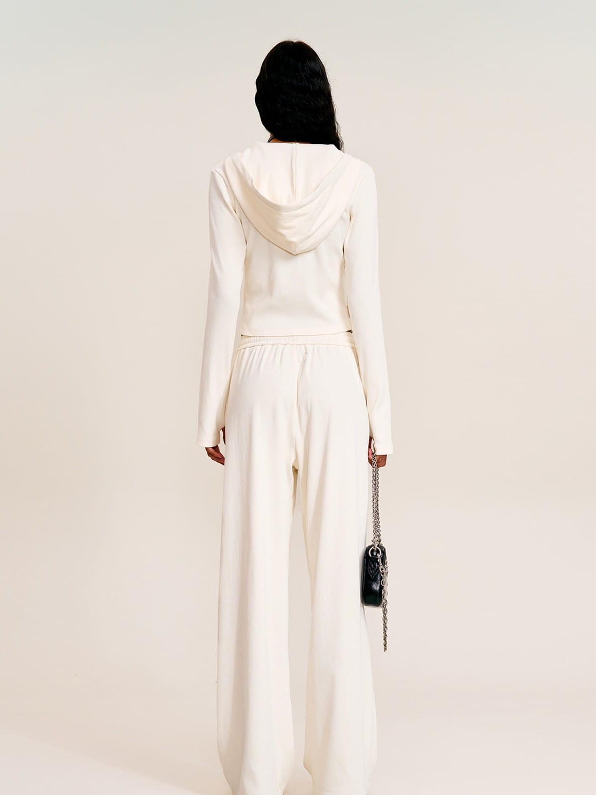 SMFK Washed Ribbed Zip Up Hoodie in Cream - On Model