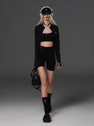 SMFK Cropped Zip Front Nylon Jacket in Black - On Female Model