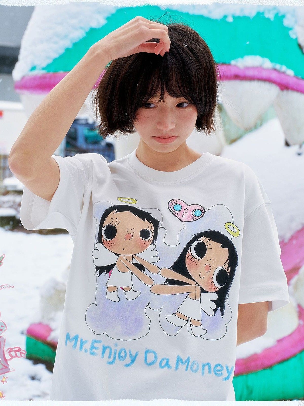 MEDM Embroidered Heart Cotton T Shirt in White - On Female Model