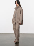 Random Piece Cotton Convertible Workwear Jacket in Brown - On Female Model