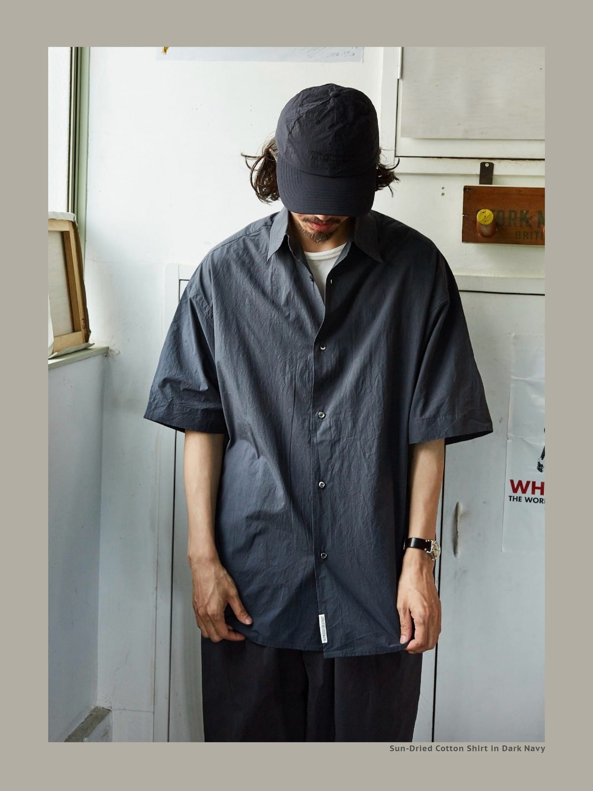USAGE Cotton Crinkle Short Sleeve Shirt in Navy Blue - On Male Model