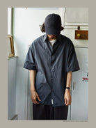 USAGE Cotton Crinkle Short Sleeve Shirt in Navy Blue - On Male Model