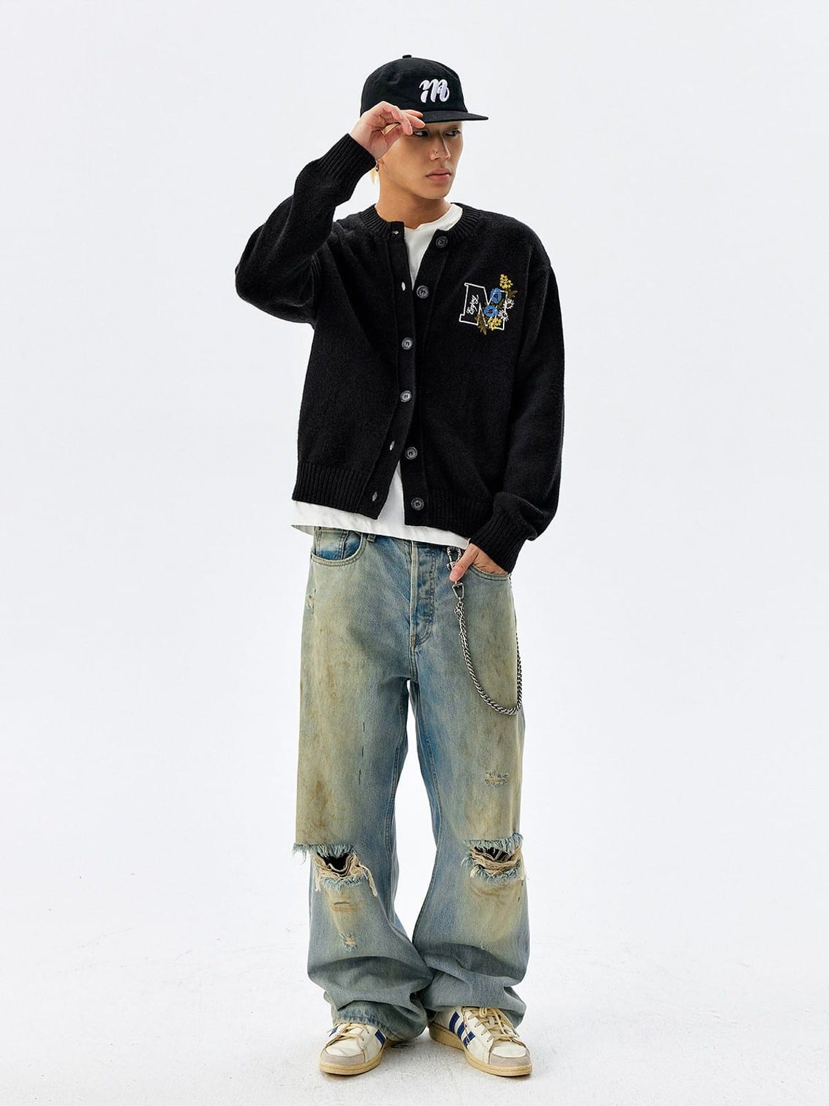 MEDM Floral Embroidered Knit Cardigan in Black - On Male Model