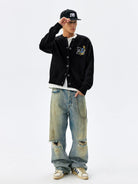 MEDM Floral Embroidered Knit Cardigan in Black - On Male Model