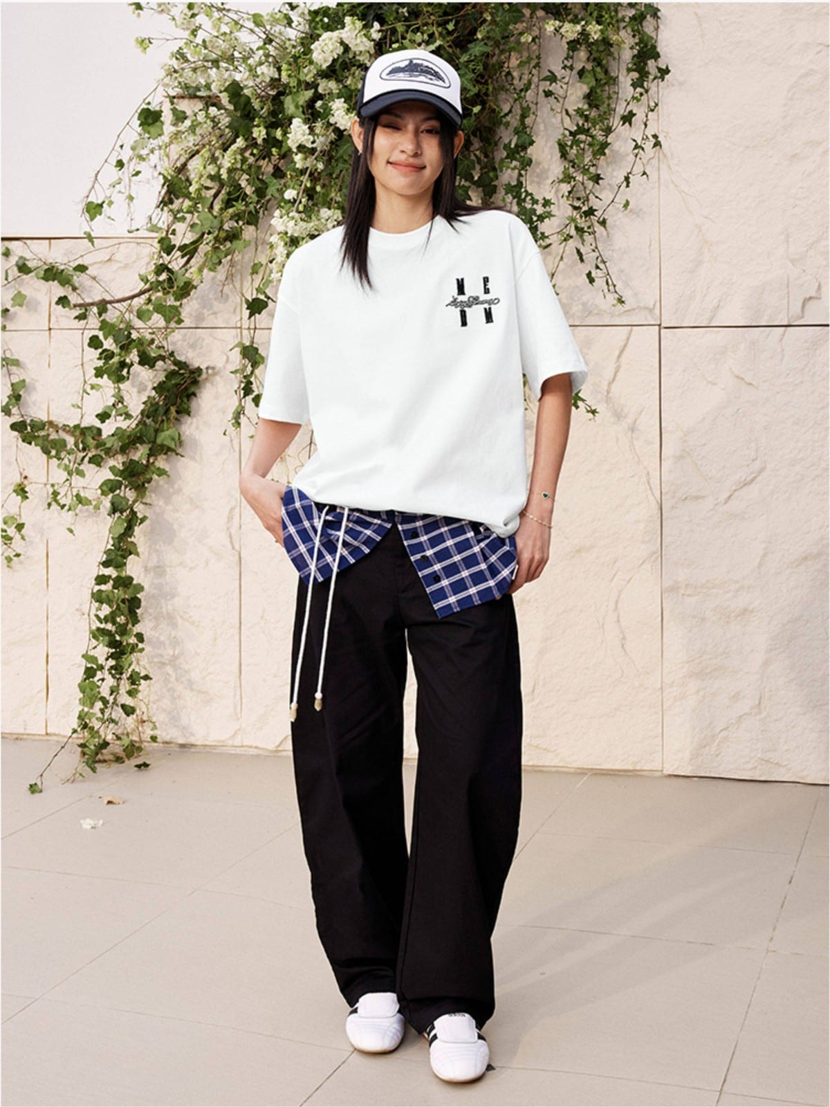 MEDM Tufted Logo Cotton T Shirt in White - On Female Model