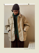 USAGE Washed Heavyweight Cotton Chore Jacket in Beige - On Male Model