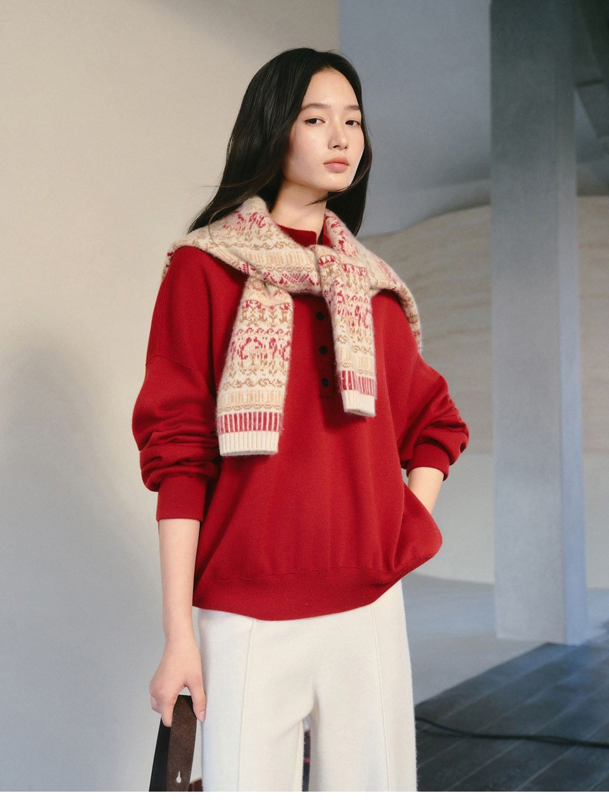 TEASEL Worsted Wool Henley Sweatshirt in Red - On Female Model