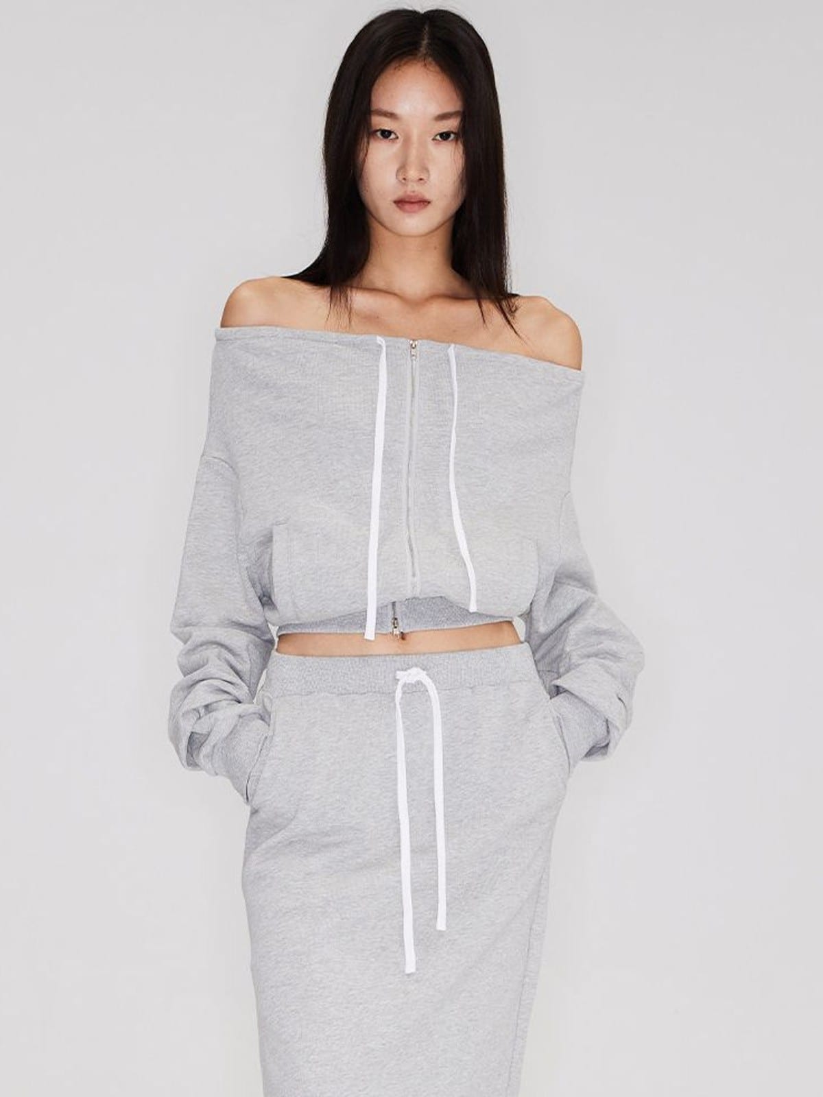 RARELY ALIKE Off Shoulder Zip Up Sweatshirt in Gray - On Female Model