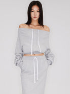 RARELY ALIKE Off Shoulder Zip Up Sweatshirt in Gray - On Female Model