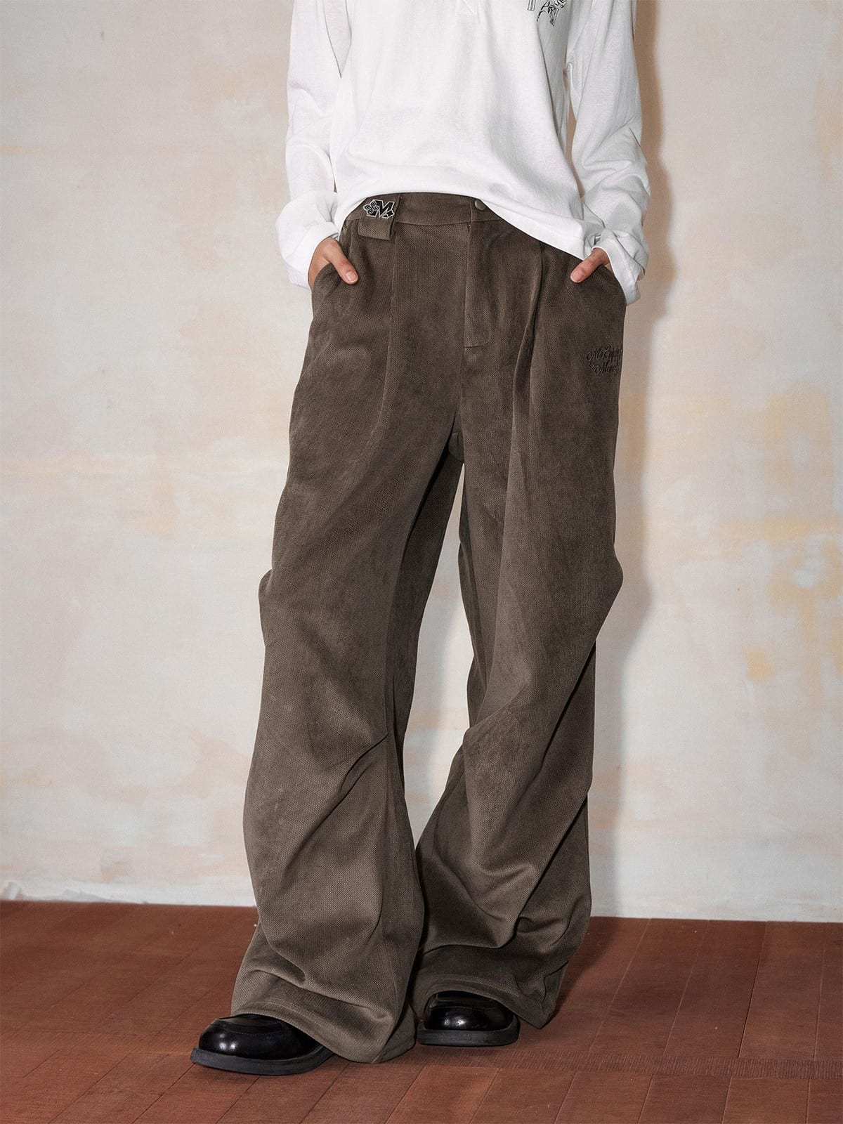 MEDM Wide Leg Parachute Cargo Pants in Brown - On Model