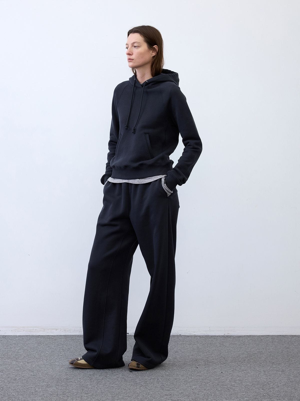 Random Piece Cotton Lyocell Cropped Hoodie in Navy Blue - On Female Model