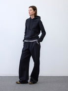 Random Piece Cotton Lyocell Cropped Hoodie in Navy Blue - On Female Model