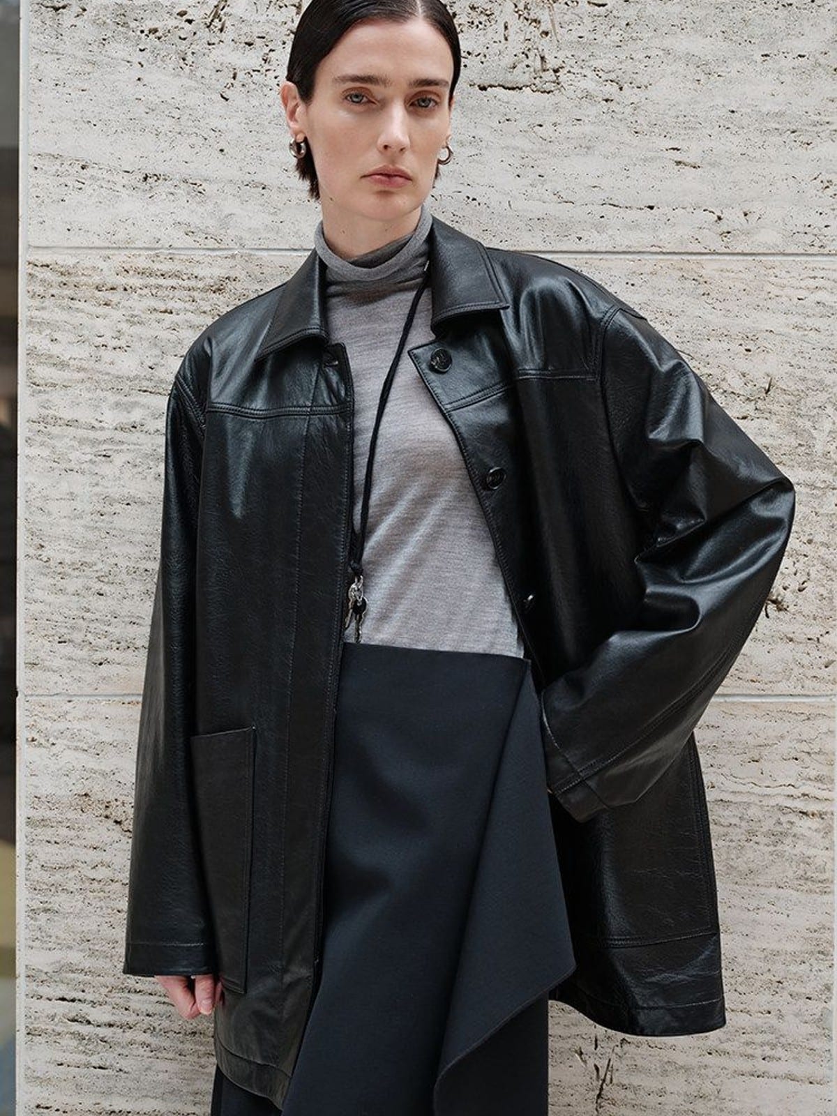 MSBEAST Mid Length Sheepskin Leather Jacket in Black - On Female Model