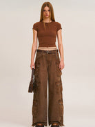 SMFK Short Sleeve Cropped T Shirt in Brown - On Female Model