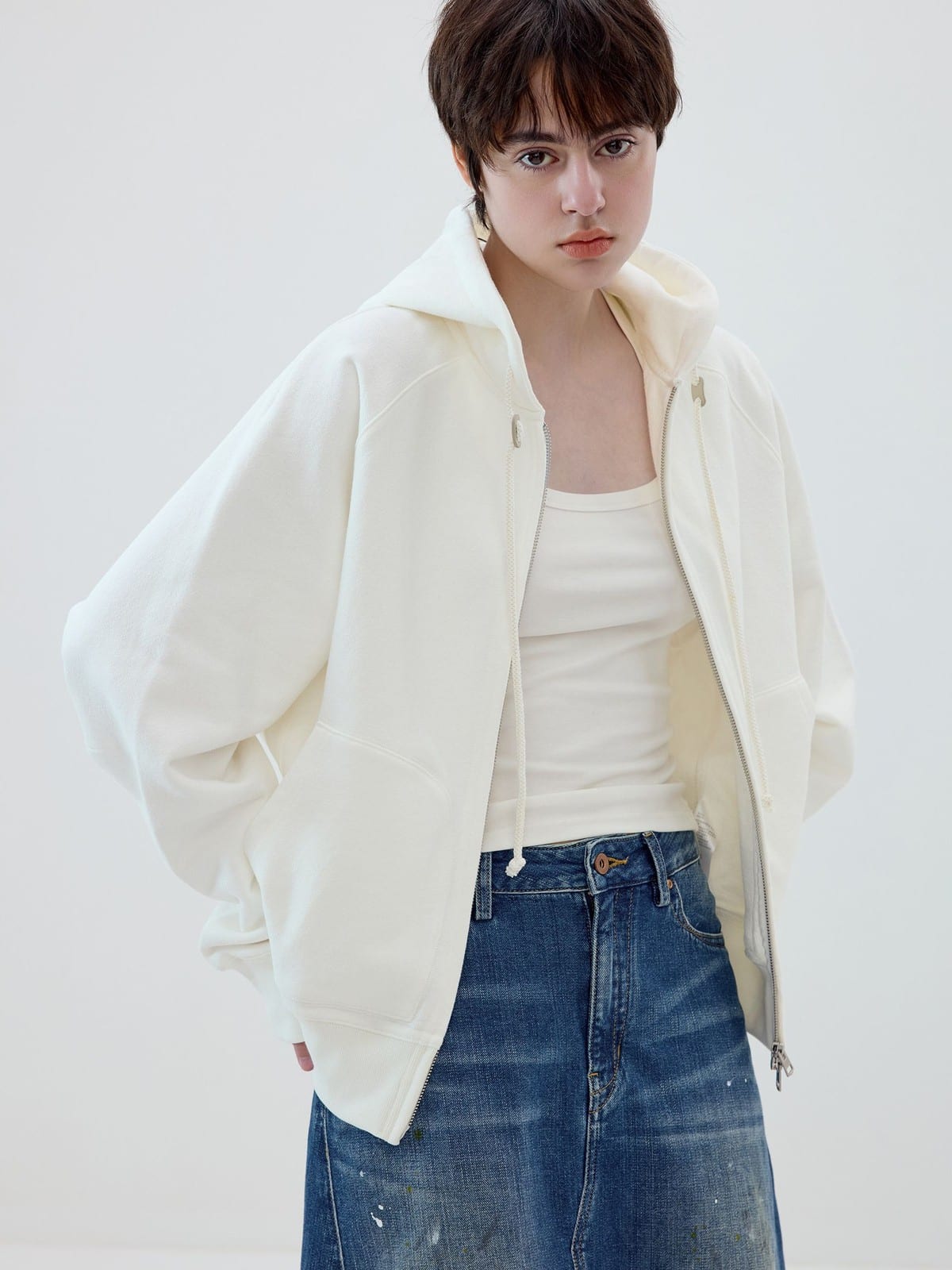 SIMPLE PROJECT Cotton Blend Zip Up Hoodie in White - On Model